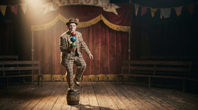 vintage circus clown balancing on wooden barrel and holding colorful balls on stage