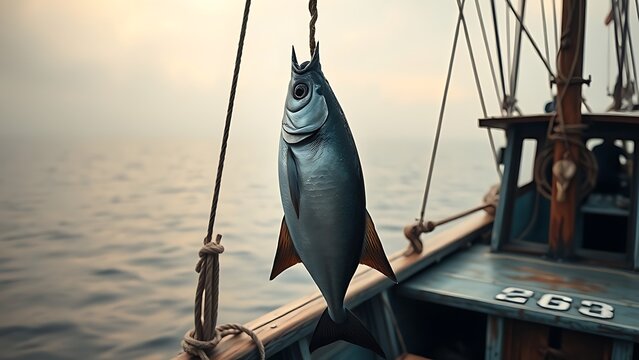 A large silvery mahi-mahi hanging from a mast on a traditional fishing boat in a calm morning harbor.