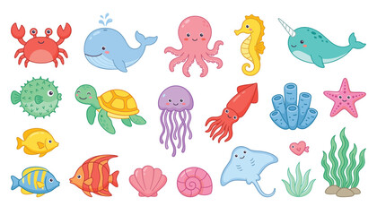 Sea animals vector illustration set with cute ocean wildlife, octopus, whale, turtle, starfish and coral reef elements. ©  AR Studio Company