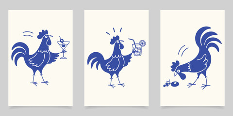 Funny blue rooster chicken drinking cocktail and eating linocut vector. © Shofikul islam