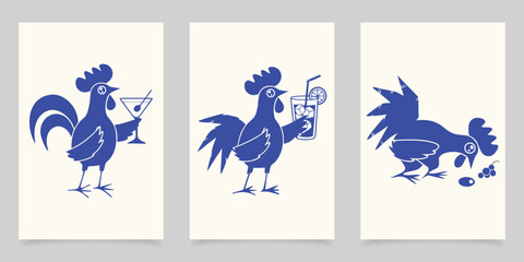Funny blue rooster with cocktail drink linocut style vector character. © Shofikul islam