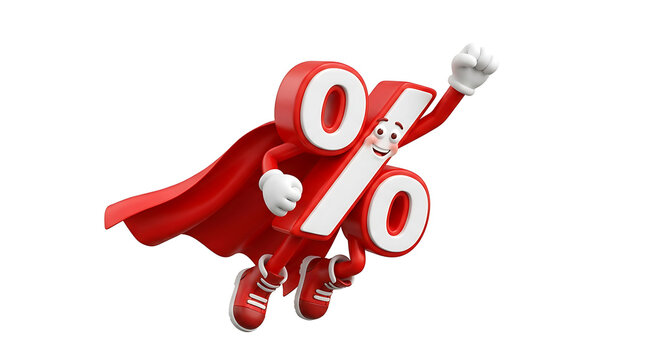 Red Percentage Symbol Character Wearing Super Hero Cape Flying with Success Pose