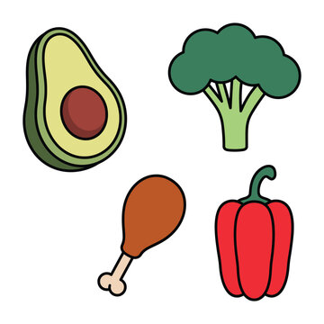 Dibujo animado colorido de comida saludable y una pata de pollo