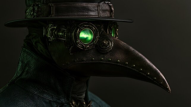 Prompt: A dark Renaissance portrait of a plague doctor. His leather beak mask is fitted with intricate brass and glass lenses that glow internally with an intense, toxic neon-green gamma radiation 
