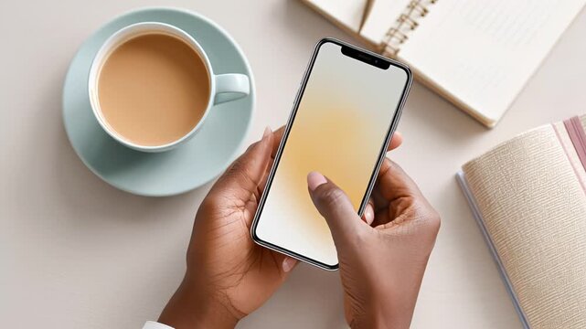 Person holding smartphone with blank screen above table with coffee and notebooks
