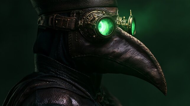 Prompt: A dark Renaissance portrait of a plague doctor. His leather beak mask is fitted with intricate brass and glass lenses that glow internally with an intense, toxic neon-green gamma radiation 