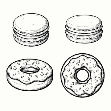 Dibujos a mano de macarons y donas glaseadas