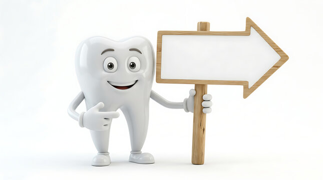 Tooth Character Holding Blank Arrow Sign for Dental Health Announcement Banner