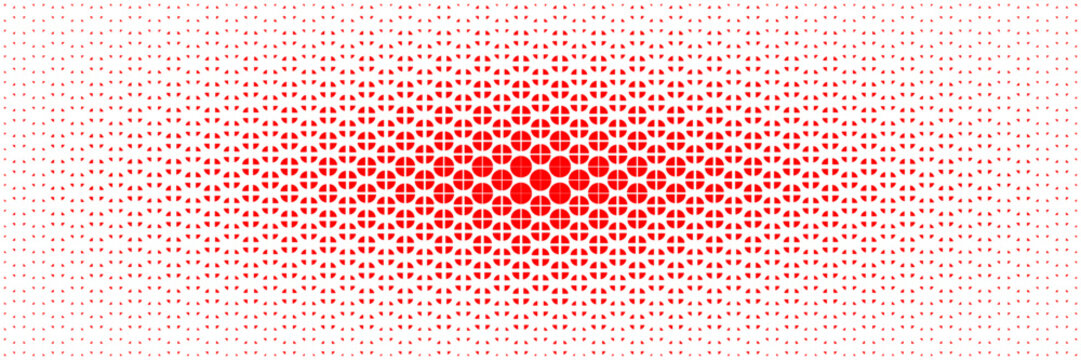 horizontal halftone of red quarter and circle spread from center for background.