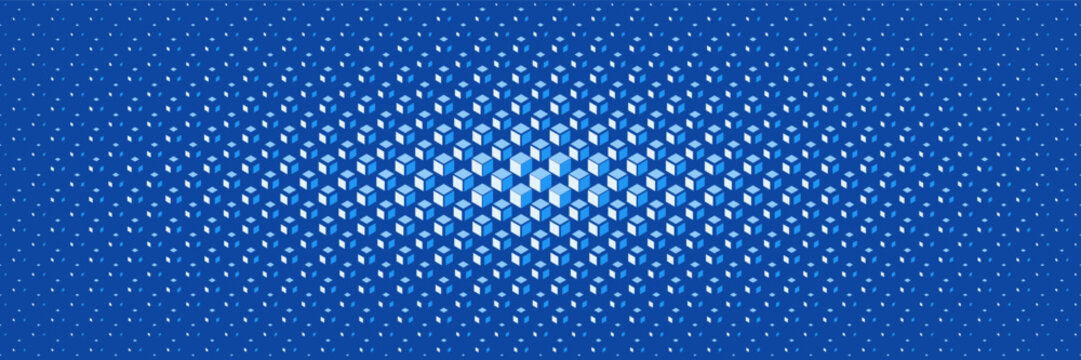 horizontal halftone of blue tone diamond shape and hexagon on navy blue for background.