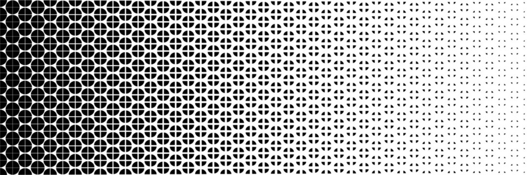 horizontal halftone of black quarter and circle design for pattern background.