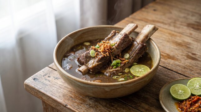 Authentic Sup Konro with tender beef ribs in aromatic Indonesian broth, ideal for restaurant menus, culinary tourism, food advertising, hospitality branding, and editorial publications.