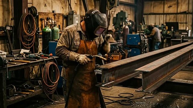 Industrial welder welding steel beam in workshop with sparks flying