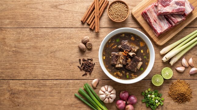 Traditional Sup Konro displayed with authentic Indonesian herbs and spices for cookbook layouts, culinary education, restaurant branding, and food marketing.