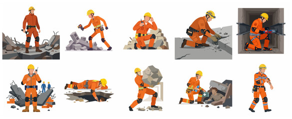 Fototapeta premium Professional Search and Rescue Workers Team Illustration Set, Disaster Relief Personnel in Orange Uniform in Ruined Area
