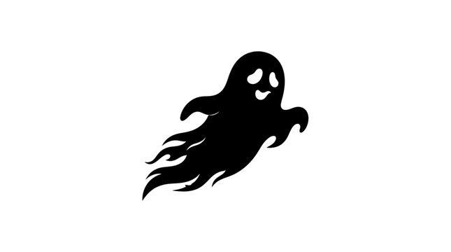 Helloween Spooky ghost silhouette vector, flying halloween spirit character icon, black phantom apparition on white background, scary supernatural entity graphic vector