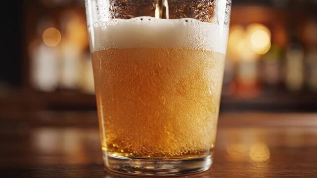 Amber beer pouring into a glass with foam on a bar counter, close-up shot