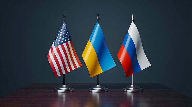 Flags of united states ukraine and russia representing international relations diplomacy and politics