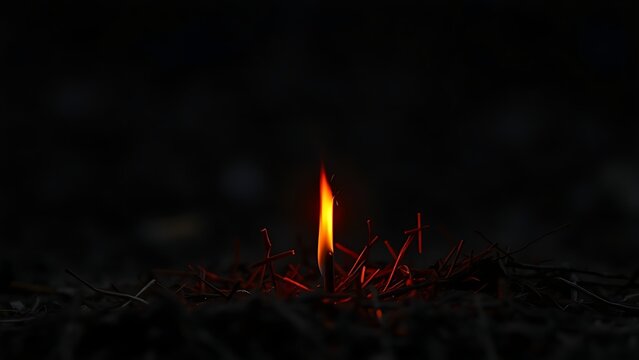 A red spark igniting dry grassland, beginning of a fire line.