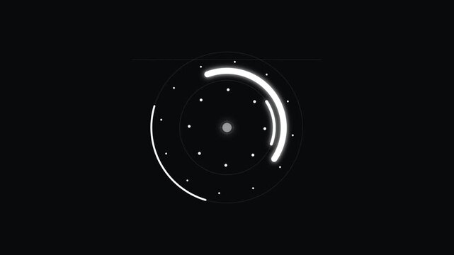 Radar interface presents a glowing circular scan with orbital dots and a curved light path on a dark surface.
