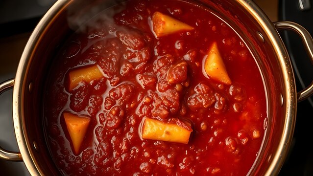 A copper pot filled with steaming red pasta sauce with pieces of meat.