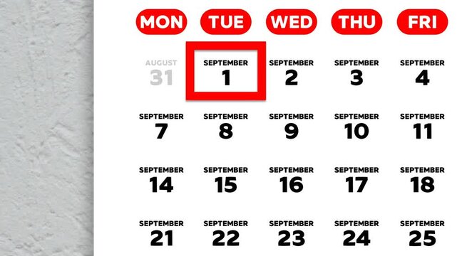 Red cursor highlighting September 1st on a 2026 wall calendar page