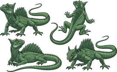 Fototapeta premium vector illustration clipart of basilisk with 4 poses semi realistic art style