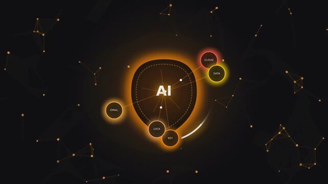 A professional high-quality procedural motion graphic footage of a swirling ai cybersecurity hologram core visual. Featuring glowing paths of solid theme on high contrast dark backdrop.
