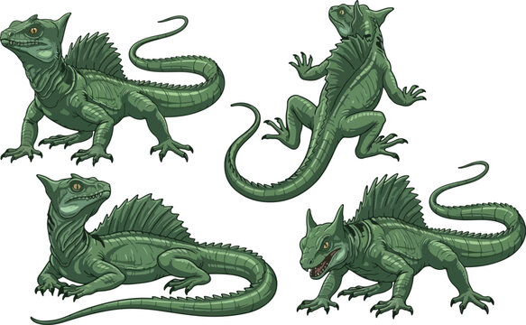 vector illustration clipart of basilisk with 4 poses semi realistic art style