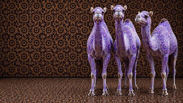 Elegant purple mosaic dromedary camels covered in intricate floral zellige pattern standing on ornate Moroccan brown geometric star tile wall, surreal decorative animal art with editorial copy space