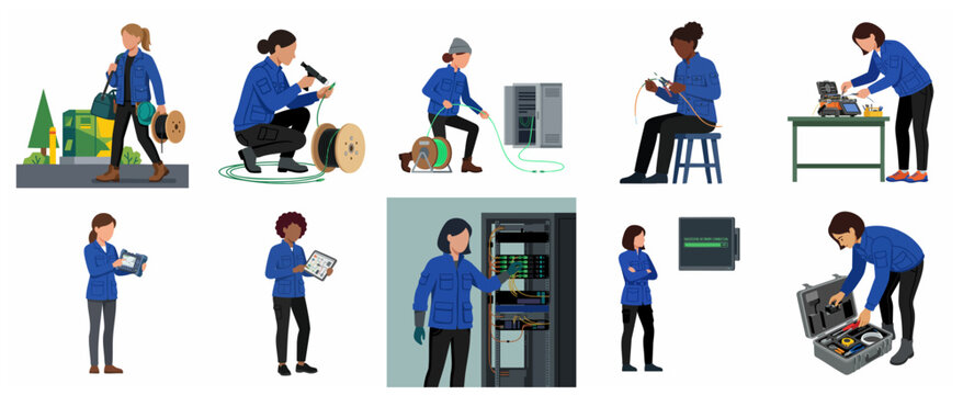 Diverse Female Fiber Optic Technicians and Network Engineers Set, Female Workers Installing Cables and Maintaining Server Infrastructure Illustration