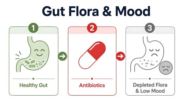 Gut Flora and Mood Infographic, Antibiotic Microbiome Damage and Depleted Flora Low Mood Diagram
