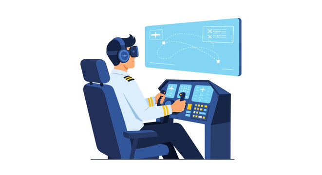 Pilot Training in Flight Simulator with VR Headset and Control Console Flat Vector Illustration