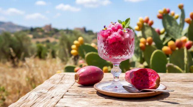 Sicilian prickly pear granita (ficodindia) in a crystal glass on a rustic wooden table, with whole and halved ficodindia fruits against a sun-drenched countryside orchard in Sicilian landscape.