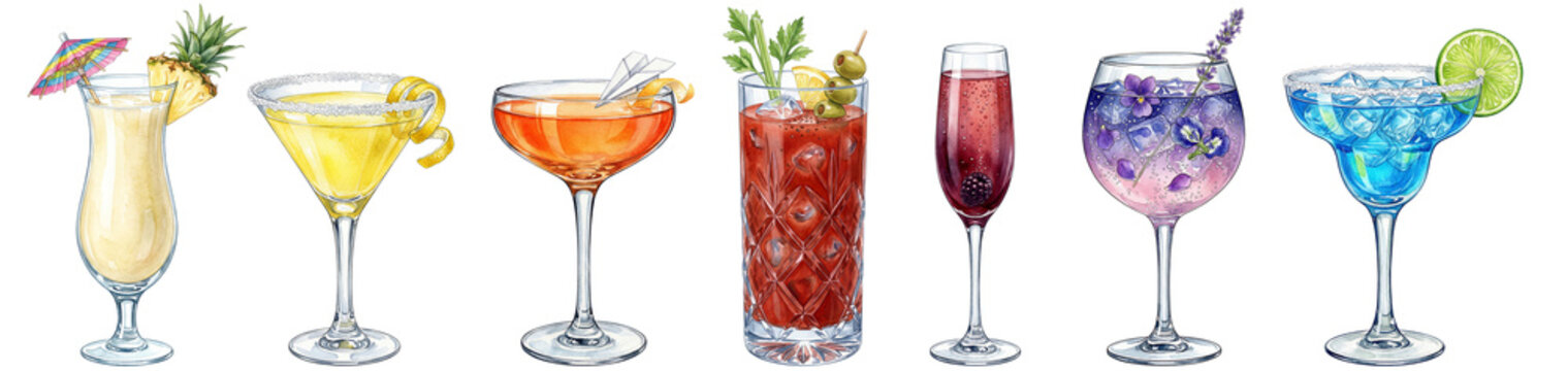 watercolor cocktail illustration set with pina colada paper plane bloody mary blue margarita empress lavender gin and kir royale in varied glassware