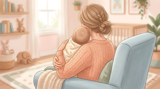 Mother Holding Sleeping Baby in Cozy Nursery Room Illustration