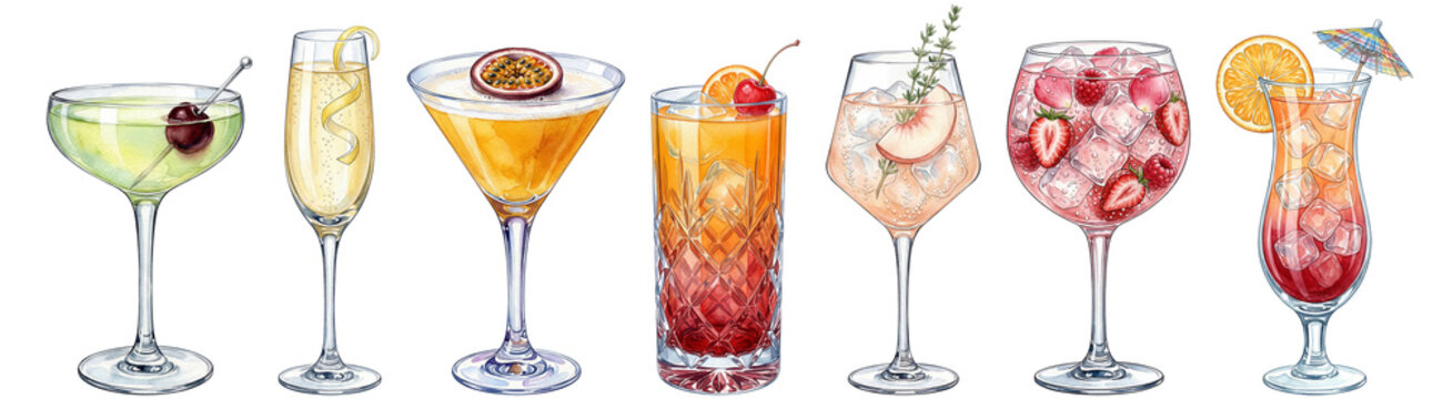 watercolor cocktail illustration set with pornstar martini tequila sunrise pink gin spritz french 75 and tropical hurricane drink in varied glassware isolated on transparent background