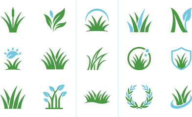 Fototapeta premium Set of green grass and nature leaf logo icons