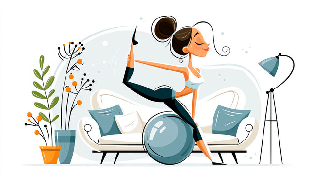 Cute cartoon girl in yoga pose, in the living room flat design illustration