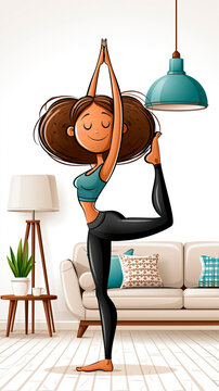 Cute cartoon girl in yoga pose, in the living room flat design illustration