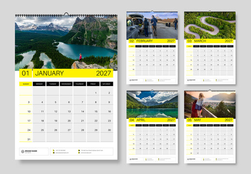 2027 Wall Calendar Template with Monthly Planner, Landscape Photo Layout