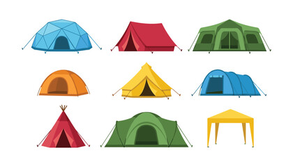 Camping tent vector element collection set featuring various types like dome cabin tunnel teepee canopy and tourist shelters © Moner