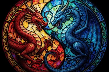 Obraz premium Round stained glass window displays red dragon, blue dragon. Mythical creatures face in circular frame. Yin yang concept represents balance with colorful pattern. Bright light shines through pieces
