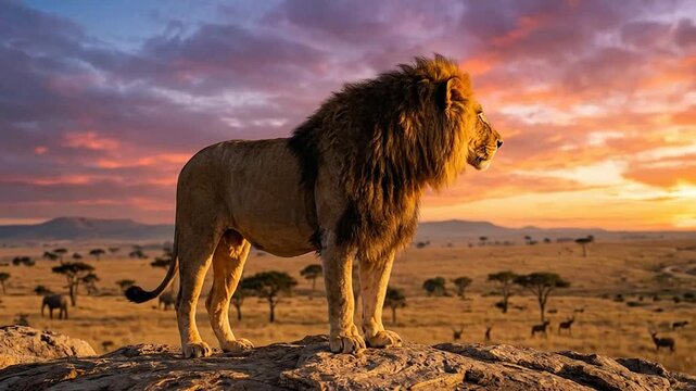 Majestic lion standing on rocky outcrop in African savannah at sunset
