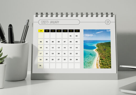 Minimal 2027 Desk Calendar Template with Monthly Landscape Photography