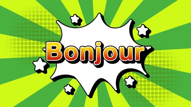 Bonjour text word lettering popup comic cartoon reveal with bomb and smoke explosion manga anime book page dots with radial speed lines doodle green background with seamless loop animation retro