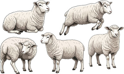 Obraz premium vector illustration clipart of sheep with 5 poses semi realistic art style