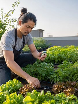 Urban farmer monitoring drip irrigation among healthy crops
