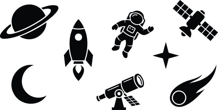 Set of black space icons with rocket astronaut and planet