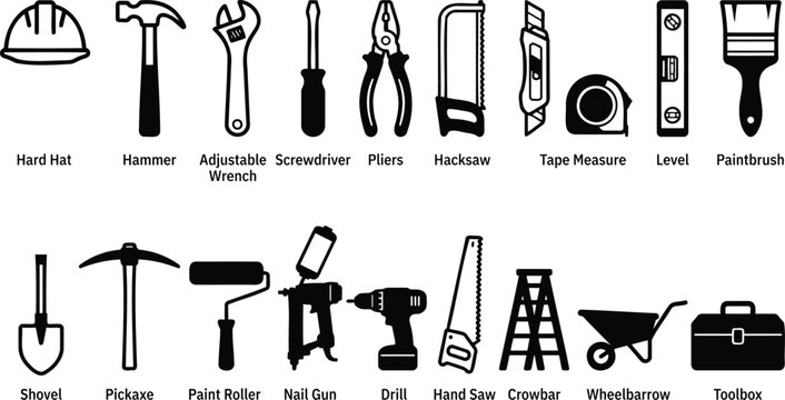 Set of black construction tools and builder equipment icons